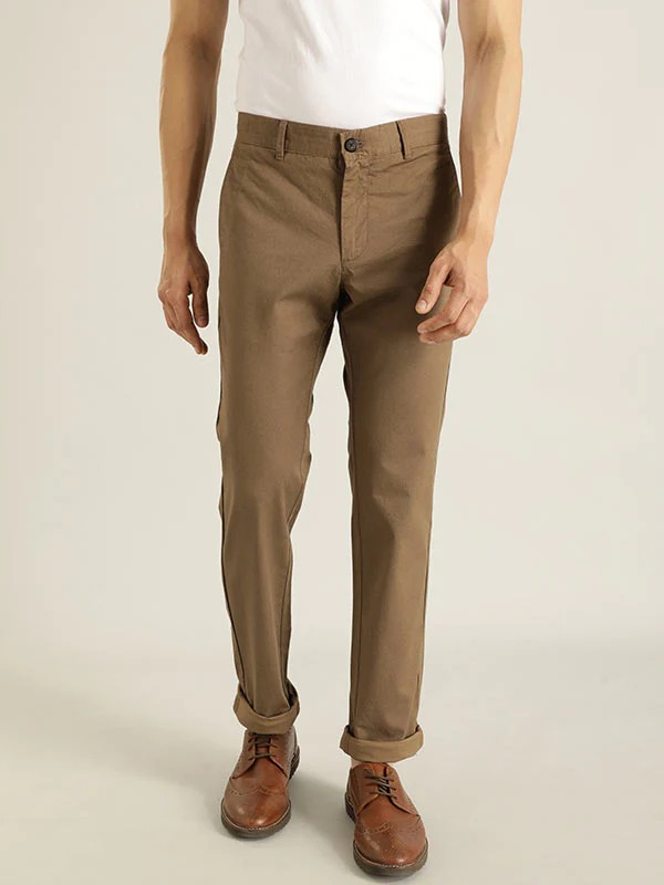 Indian Terrain Men's Slim Fit Self Design Brown Trousers